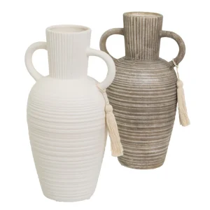 Set de 2 Jarrones de Ceramica Blanco y Marrón 16x13x27 cm