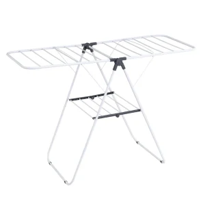 Tendedero plegable con 2 alas y estante inferior de metal blanco