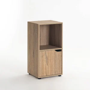 Mesita de noche cubo 1 puerta de madera color natural de 60x30x29 cm